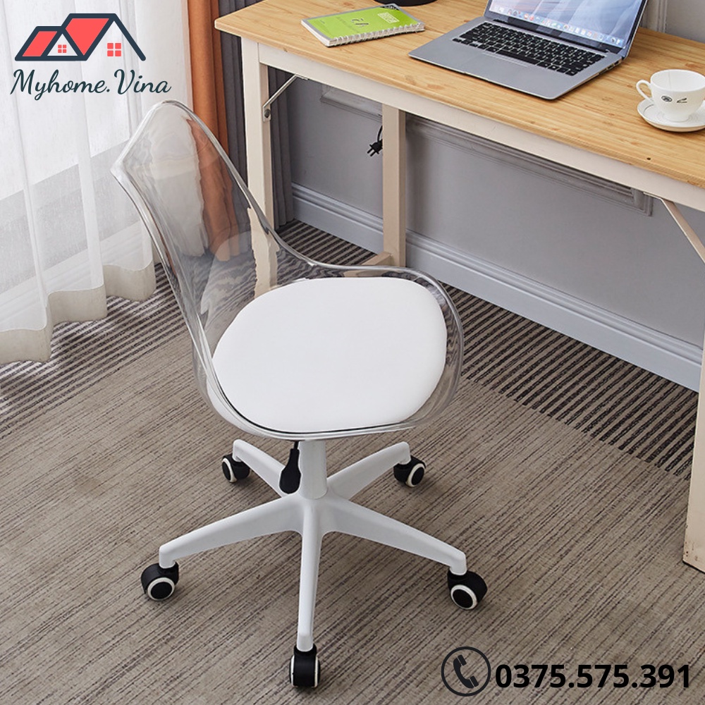 Ghế xoay văn phòng lưng tựa trong suốt cao cấp có thể điều chỉnh, Ghế nhựa xoay trong suốt trang trí decor phòng có đệm