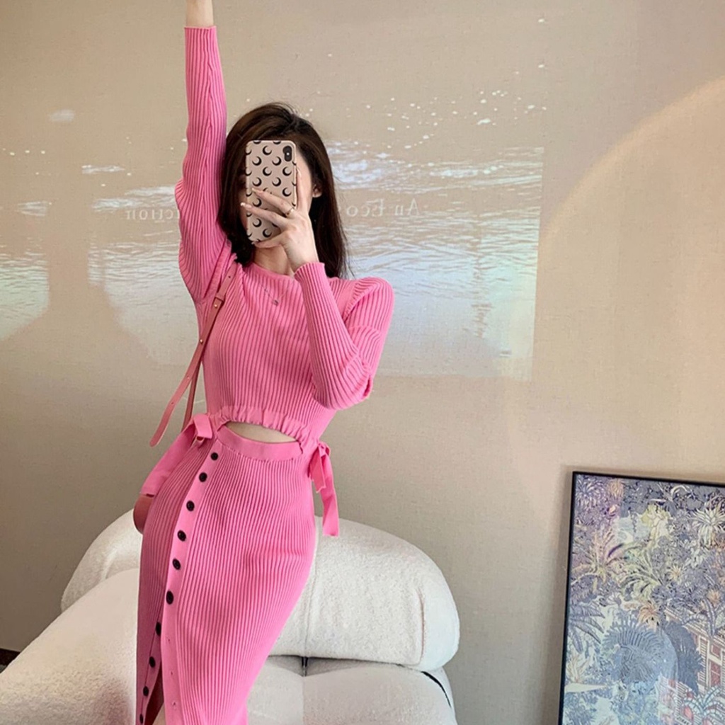 Jiashucheng Đầm Dệt Kim Tay Dài Phong Cách Mới Cao Cấp Cá Tính Cho Nữ