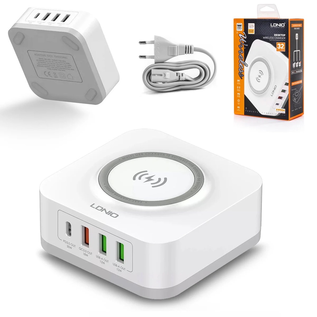🌟CHÍNH HÃNG🌟LDNIO AW004 Bộ Sạc Iphone 32W Có Dây Sạc Nhanh Không Dây 15W QC 3.0 18W & PD 20W  Sạc Đi