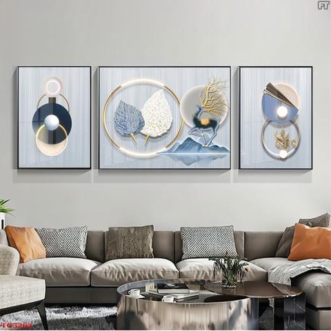 A13 Bộ 3 Tranh Treo Tường Phòng Khách/ Ngủ/ Đại sảnh Decor Nhà Nghỉ Khách Sạn Hươu Sao Và Dải Ngân Hà Tráng Gương Sang