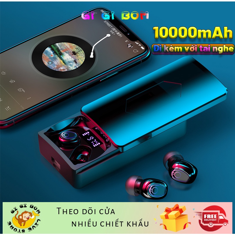 GiGiBomstore Tai Nghe Bluetooth kiêm sạc dự phòng 10000 mAh -Màn hình kỹ thuật số tai nghe Bluetooth không dây YH-03