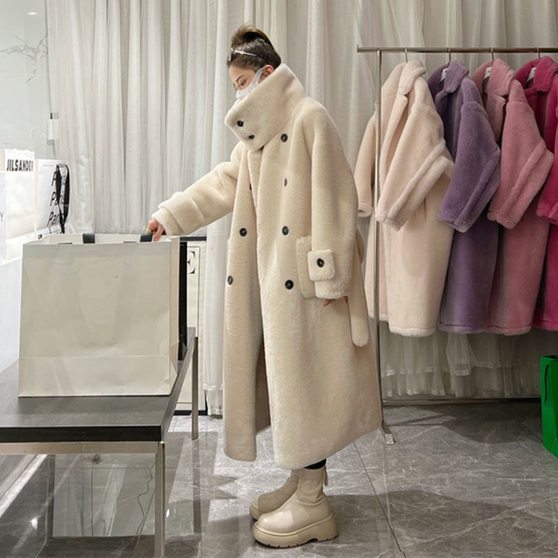 [S N ph m] Áo Khoác Lông Cừu Dày Dáng Dài Cổ Đứng Hai Hàng Nút Cài Phong Cách Hàn Quốc Dễ Phối Đồ Mùa Đông Cho Nữ