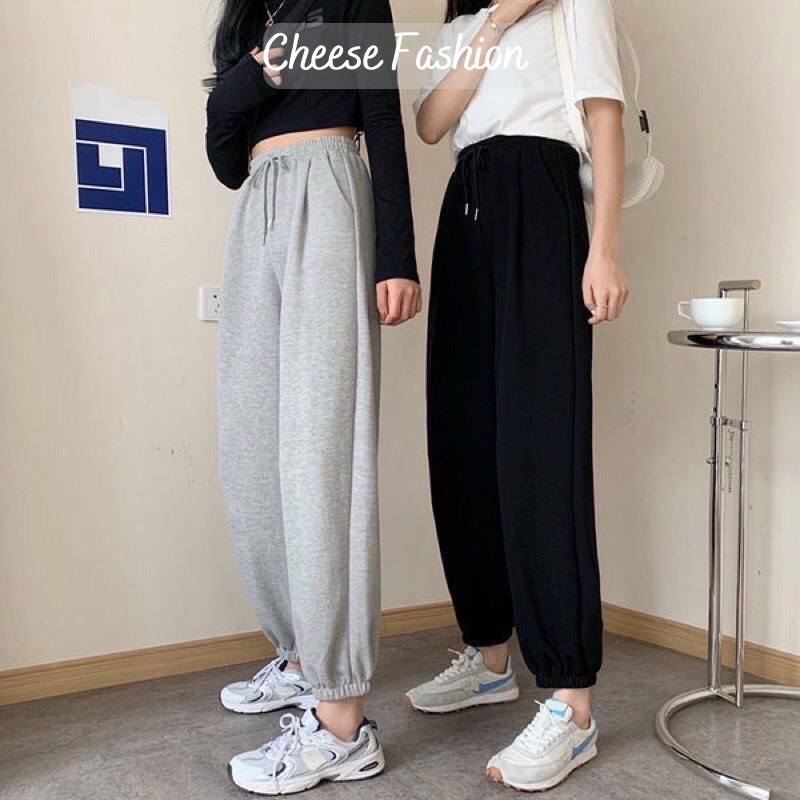 Quần jogger ống rộng chất da cá phong cách thể thao bo gấu unisex có dây rút thời trang ulazzang