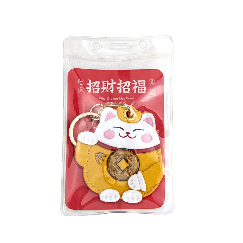 Móc khóa mèo thần tài cầm quạt, đồng xu vàng bằng Da may mắn, kiểu dáng dễ thương trang trí balo túi xách-Ráp
