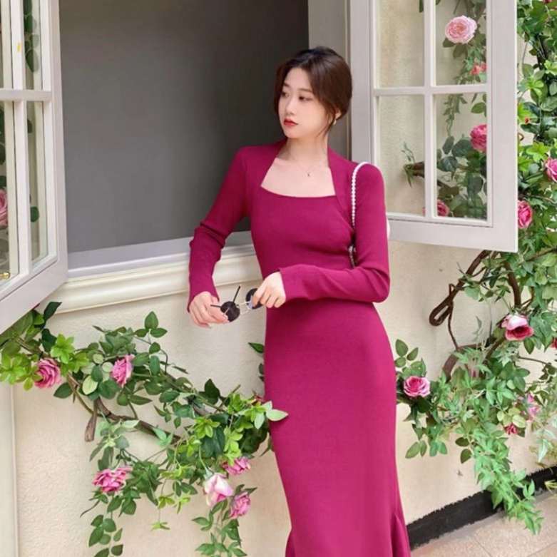 SUXI Đầm Dệt Kim Dài Qua Gối Ôm Dáng Màu Sắc Đơn Giản Phong Cách Vintage Dành Cho Nữ