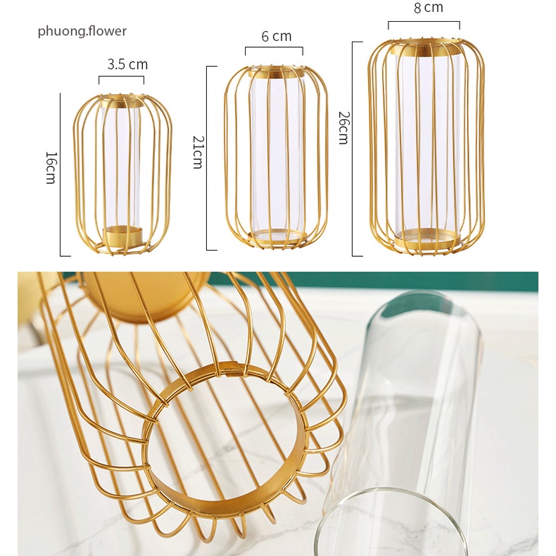 Bình hoa lọ hoa đèn lồng khung sắt mạ vàng lõi thủy tinh sang trọng dùng cắm hoa trang trí decor phòng khách tuyệt đẹp