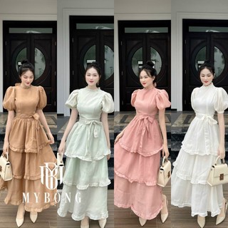 Đầm maxi  tơ tay bồng chân váy tầng cột nơ eo xinh xắn