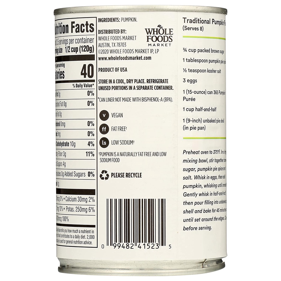 BÍ ĐỎ NGHIỀN 365 by Whole Foods Market, Pumpkin Puree, Non-GMO, Non-PBA, 425g (15 oz)