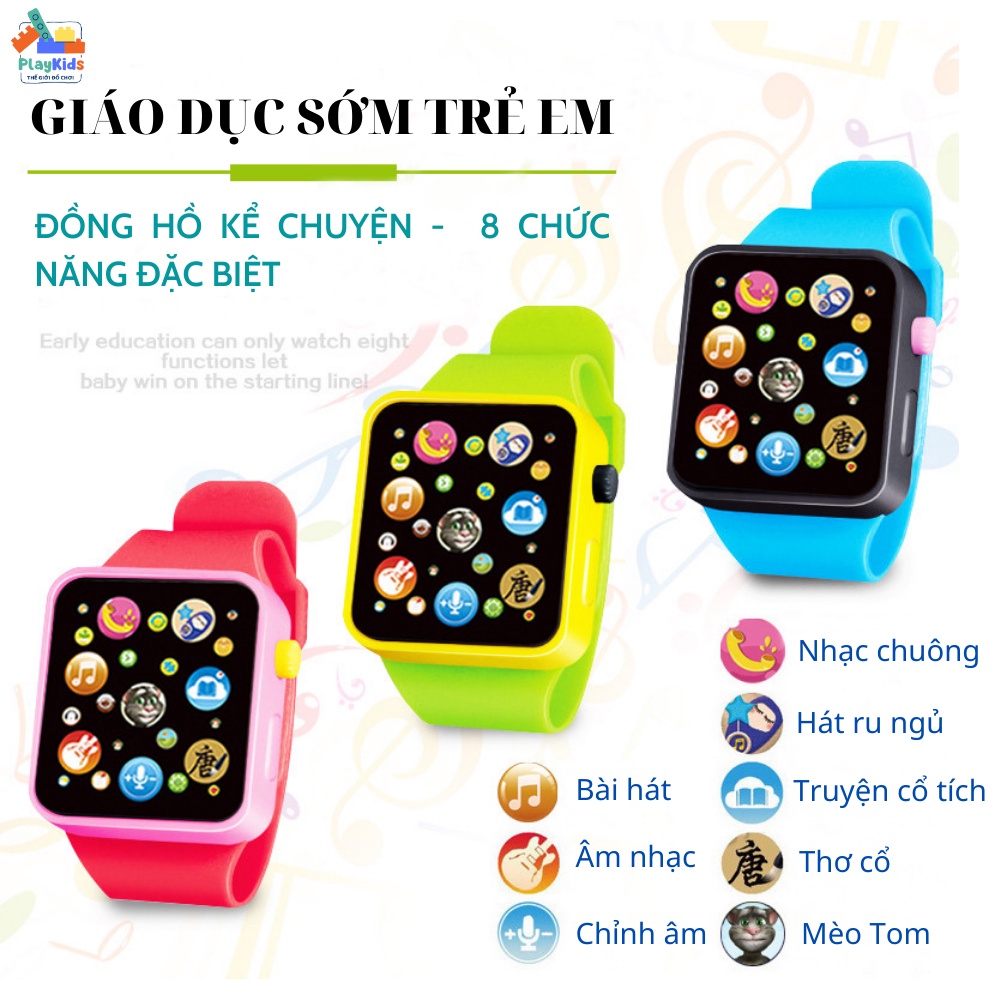 Đồng Hồ Đồ Chơi Cho Bé Mô Phỏng Apple Watch Cảm Ứng Phát Nhạc Đèn LED, Đồ Chơi Giao Dục Sớm Trẻ Em