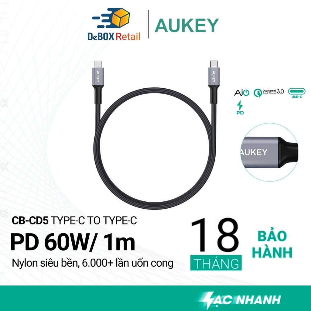 Cáp Sạc Nhanh AUKEY CB-CD5 Type C to Type C Hỗ trợ sạc nhanh PD lên đến 60W, Bọc nylon siêu bền Dài 1m - Chính Hãng