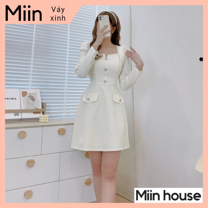 Váy dạ text sợi tweed mỏng 5 khuy đá