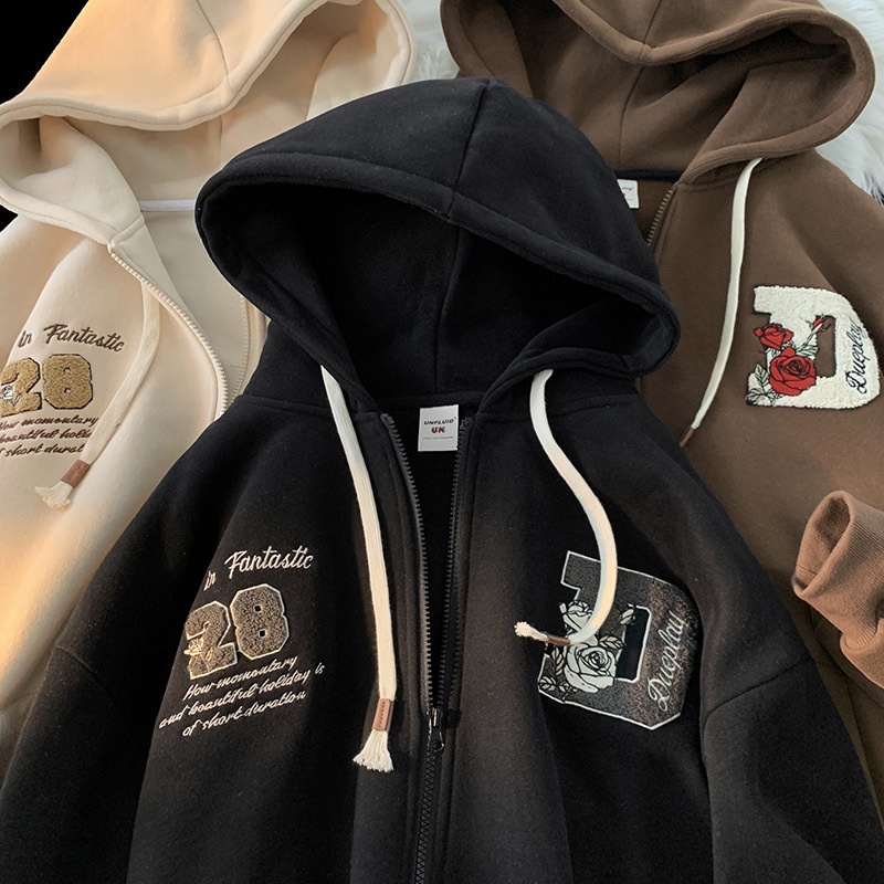 hoodie zip nam áo hoodie nam áo khoác hoodie nam hodie hoodie to hodie nam (Hàng Có Sẵn) Áo Khoác Cardigan Có Mũ Dáng Rộng Lót Lông Cừu Dày Dặn Phong Cách Mỹ Mùa Thu Đông Mới Cho Cặp Đôi VWUB