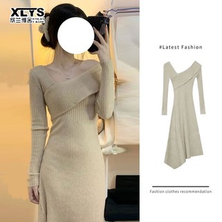 Đầm XINLANYASHE dài dệt kim cổ chữ v dáng ôm màu mơ thời trang mới cho nữ