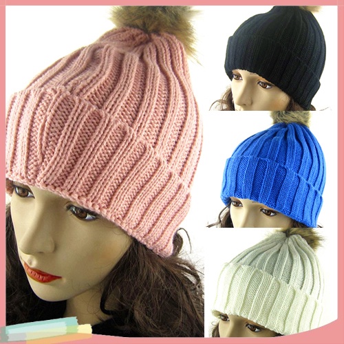Mũ trùm đầu chất liệu len màu trơn trang trí bóng lông xinh xắn cho nữ