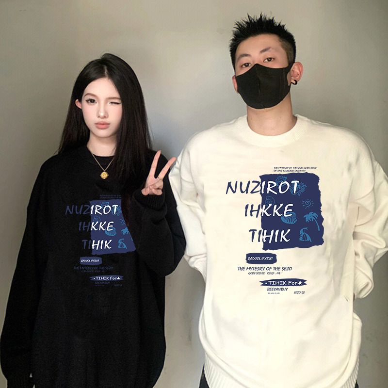 Áo sweater IHKKE dáng rộng họa tiết chữ phong cách Hàn Quốc thời trang dành cho cặp đôi