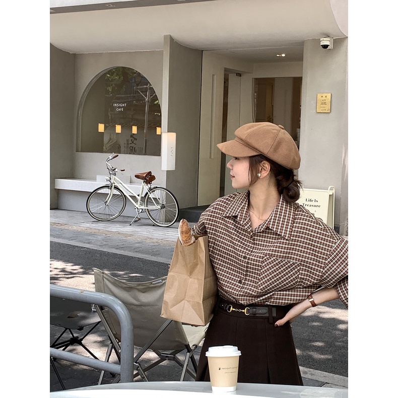 Áo sơ mi nữ Form rộng Tay dài kẻ sọc caro Retro Thu Đông Hàn Quốc Sơ mi nữ Dáng rộng Dài tay Thời trang