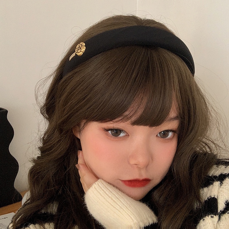 Băng Đô Xốp Màu Đen Đính Hoa Trà Phong Cách Hàn Quốc Cổ Điển