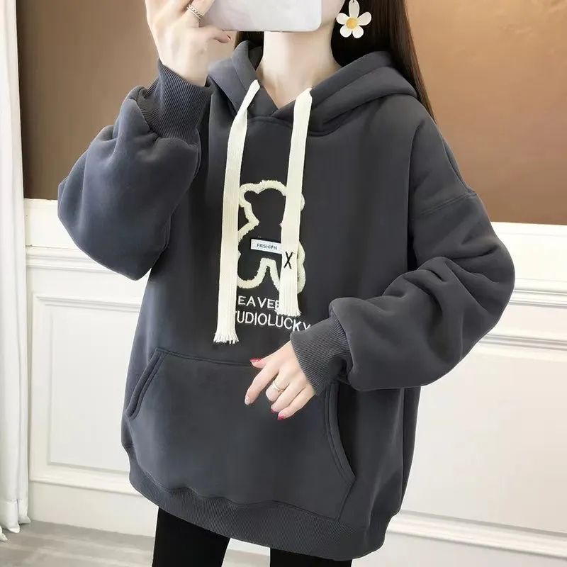 Áo Hoodie Dáng Rộng25% Vải Lông Cừu In Hình Gấu Phong Cách Hàn Quốc Thời Trang Thu Đông Hàng Mới