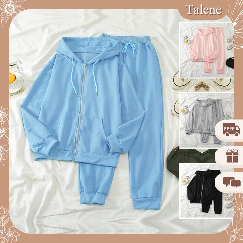 Bộ Nỉ Nữ Kéo Khóa Dài Tay Có Mũ Kèm Quần Dài Nỉ Ulzzang Thời Trang Talene QA NU 024V1