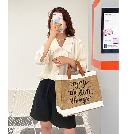 Túi Xách Sức Chứa Lớn Bằng cotton Lanh In Chữ Thời Trang retro Âu Mỹ