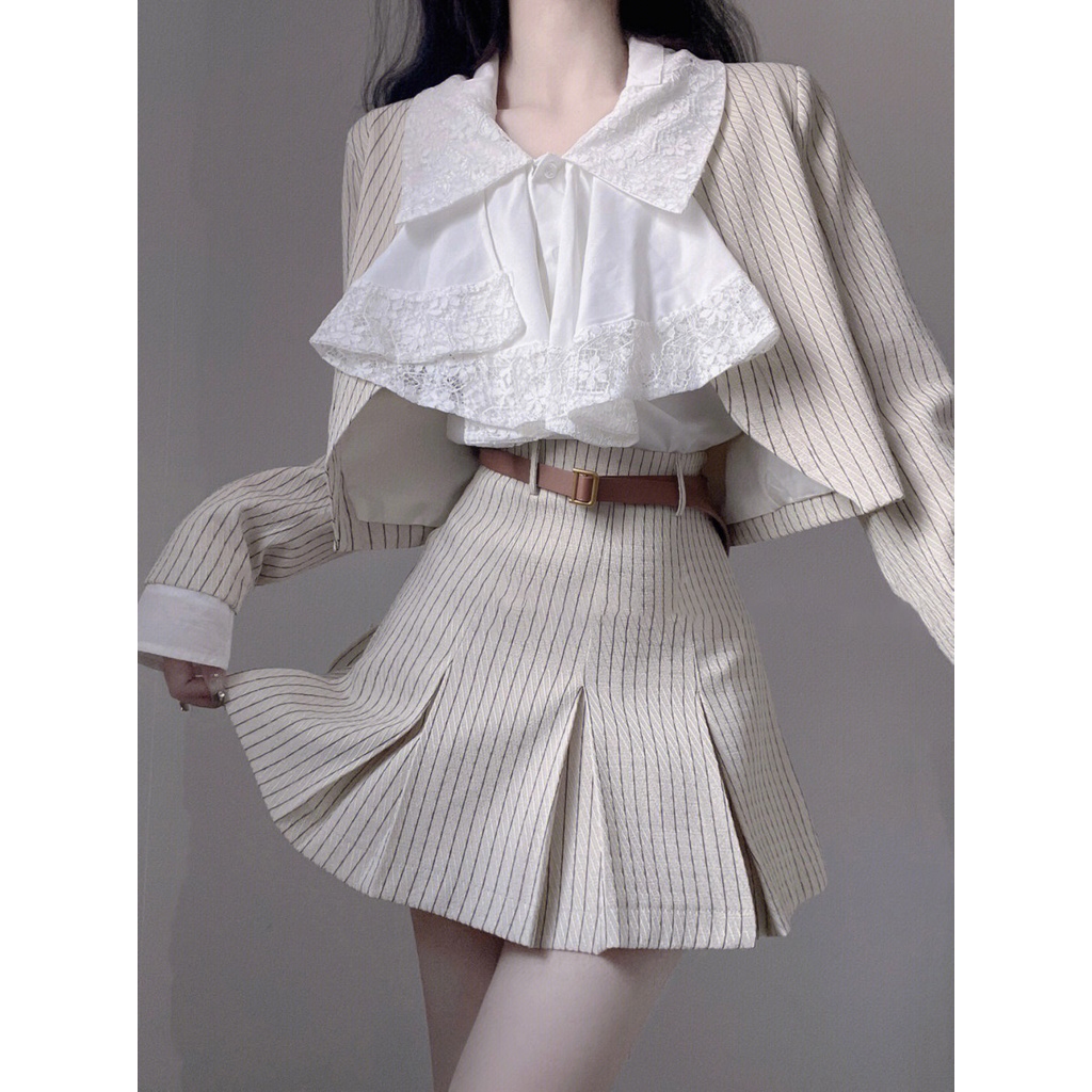 Set Áo Ren + Chân Váy Xếp Ly + Áo Khoác Ba Lỗ Kẻ Sọc Phong Cách Pháp Thời Trang Mùa Thu Hàng Mới 2022