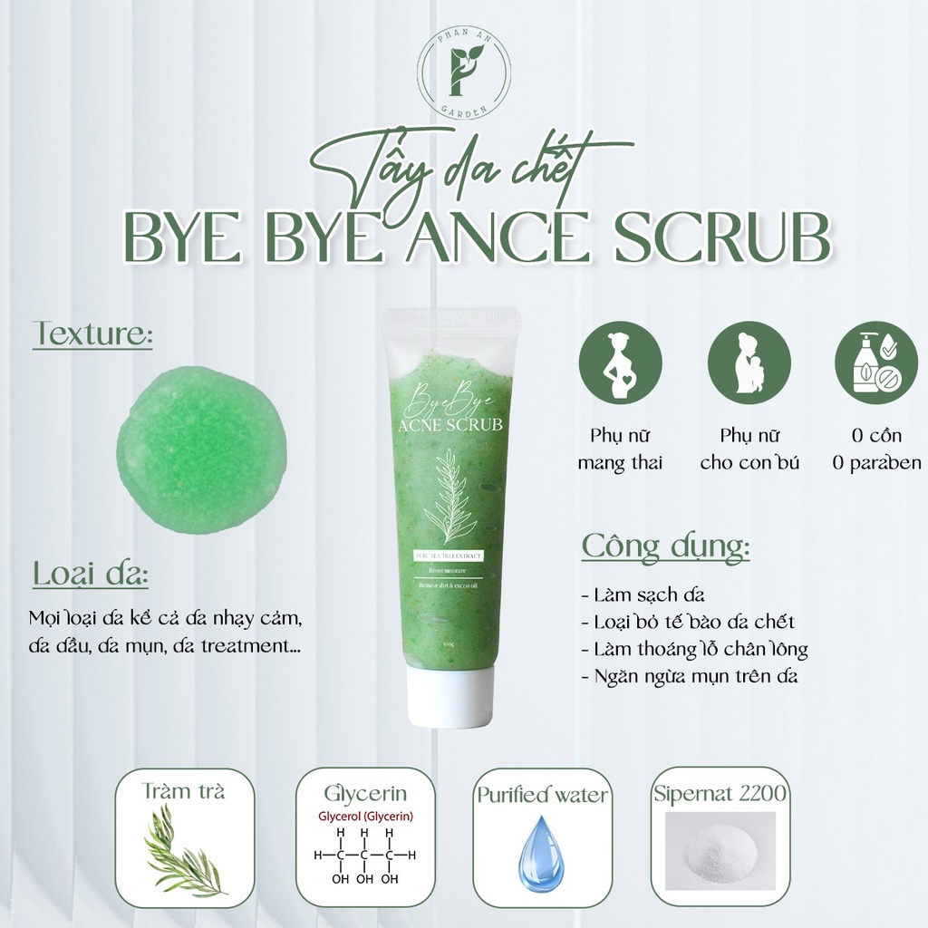 Tẩy Da Chết Bye Bye Acne Scrub, Tẩy Tế Bào Chết, Giảm Mụn Dành Cho Da Nhạy Cảm, Da Dầu Mụn 100g