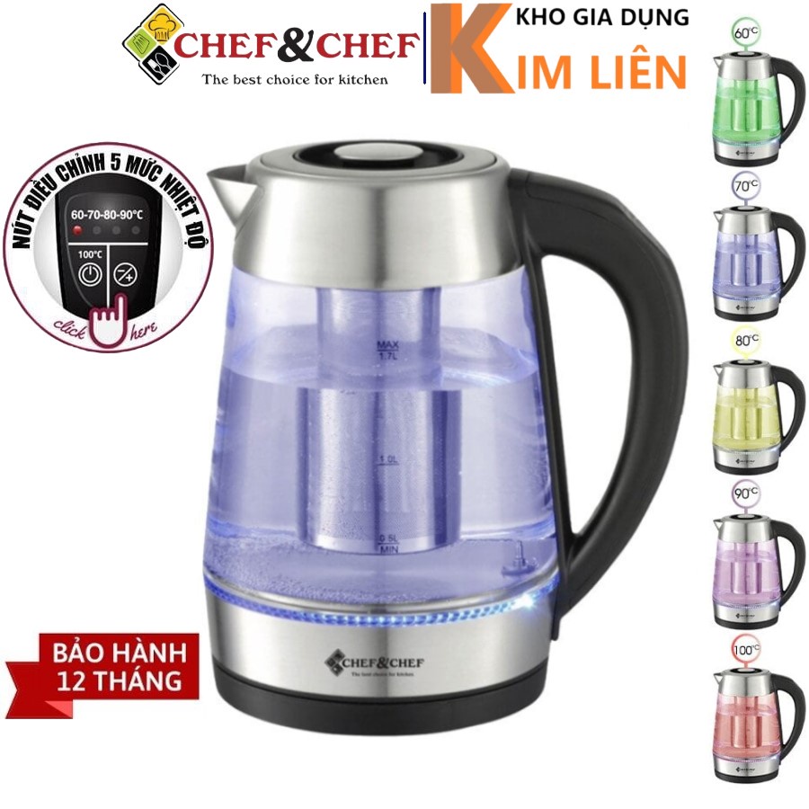 Ấm đun siêu tốc thủy tinh 1.7L CHEF&CHEF CH1703D / CH1751 - Điều khiển nhiệt độ, LED đổi màu, lõi lọc inox
