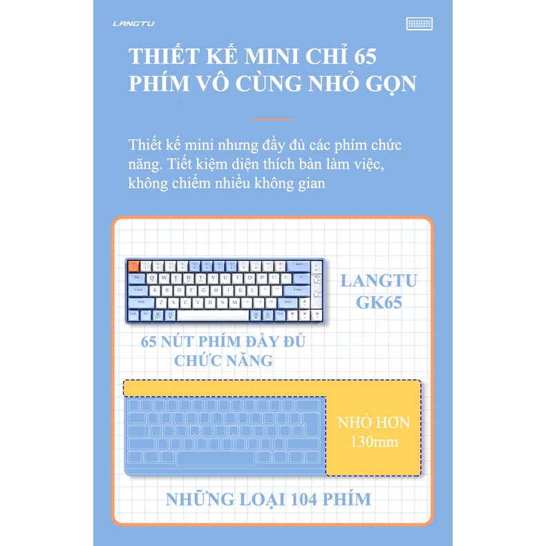 Bàn phím cơ Langtu GK65 Golden Switch với thiết kế mini 65 phím kết nối không dây qua Bluetooth và chip USB 2.4GHz