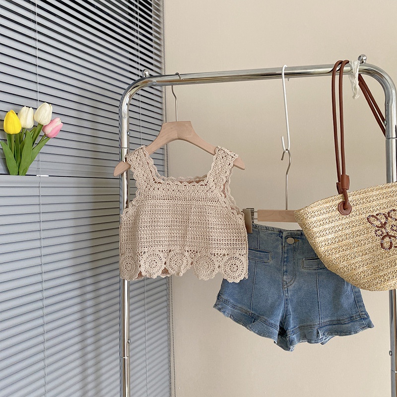 Set Áo Hai Dây Dệt Kim + Quần Short Denim Phong Cách Hàn Quốc Thời Trang Mùa Hè Cho Bé Gái