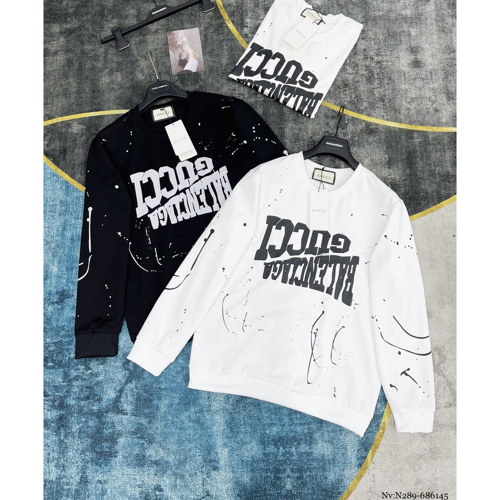 Áo Sweater Nam Nữ, Áo Nỉ Cổ Tròn Dài Tay Họa Tiết Gucci & Balenciaga Phối chữ ngực vẩy sơn