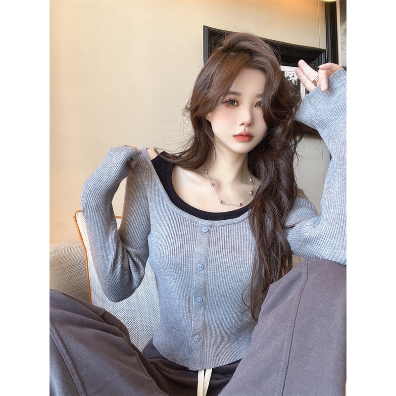 ZHELIHANGFEI Áo len dệt kim nữ dài tay hai mảnh có cổ cao thon gọn tất cả các chốt gợi cảm