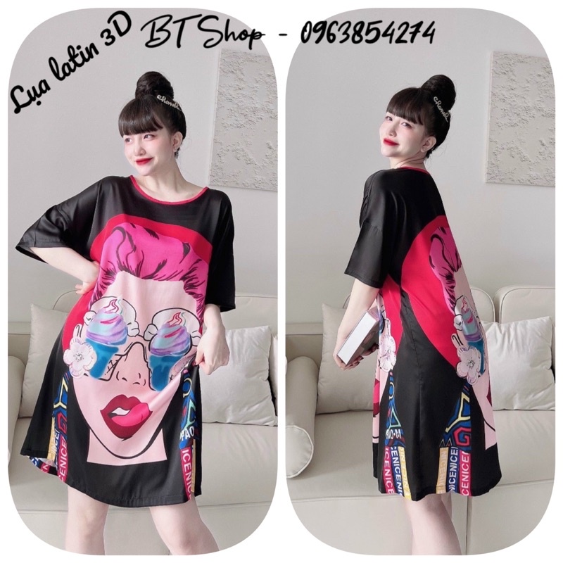 Váy đầm ngủ mặc nhà lụa latin hoạ tiết freesize <65kg