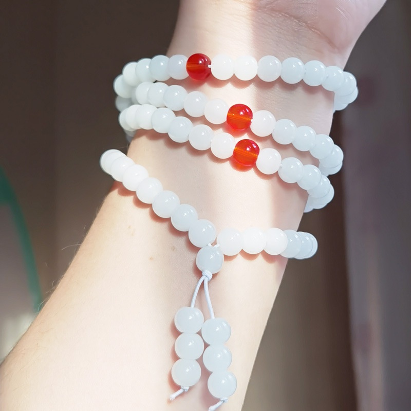 Chuỗi 108 Hạt Đá Mã Não Trắng Đen Phong Cách Hetian