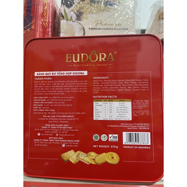 BÁNH QUY BƠ TỔNG HỢP EUDORA và HỘP THIẾC 574G
