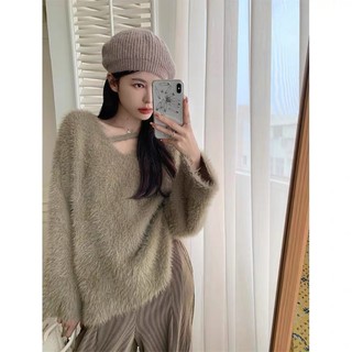 Áo len lông louisa cổ v vạt chéo tay dài dáng rộng basic