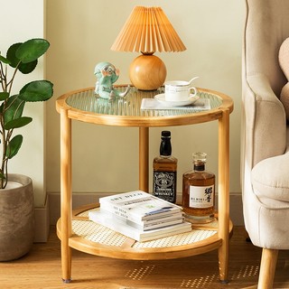 Bàn trà 2 tâng mặt kính chất liệu mây tre đan , Bàn cafe góc mặt kính cao cấp, Góc trà cạnh sofa