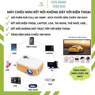 Máy chiếu mini tại nhà, máy chiếu mini FullHD kết nối không dây với điện thoại -Tặng màn chiếu 100 Inch - SET2176