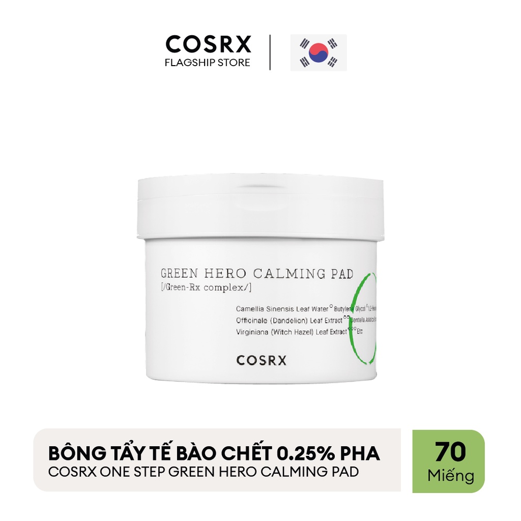 Bông Tẩy Tế Bào Chết Hoá Học Dưỡng Ẩm Và Dịu Da (0.25 % PHA, Trà Xanh) COSRX One Step Green Hero Calming Pad 70 Miếng