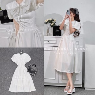 ẢNH TỰ CHỤP Đầm midi cổ sen li eo tay bồng