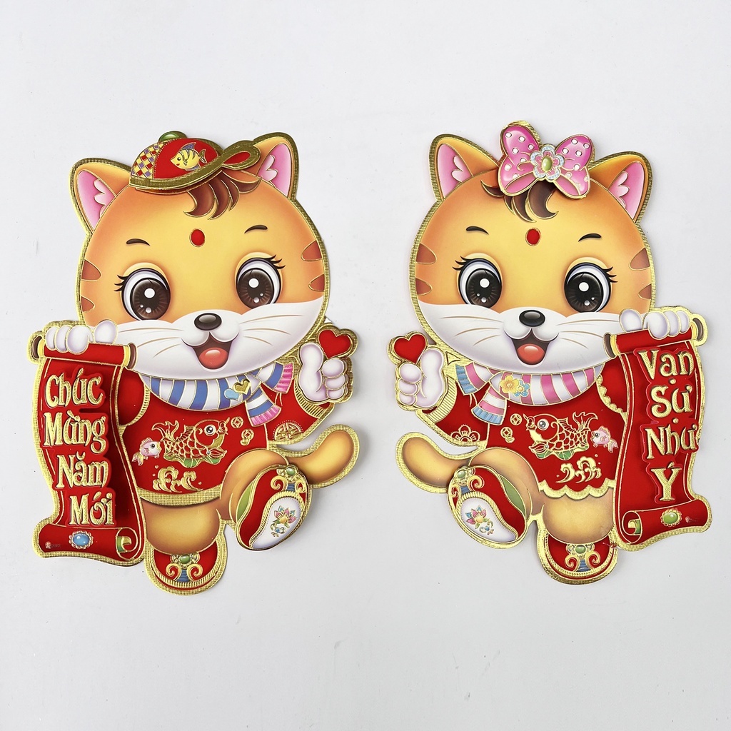 Cặp đôi tranh 3D mèo con thả tim phủ kim tuyến dán kính treo cửa trang trí Tết Quý Mão gồm 2 tranh