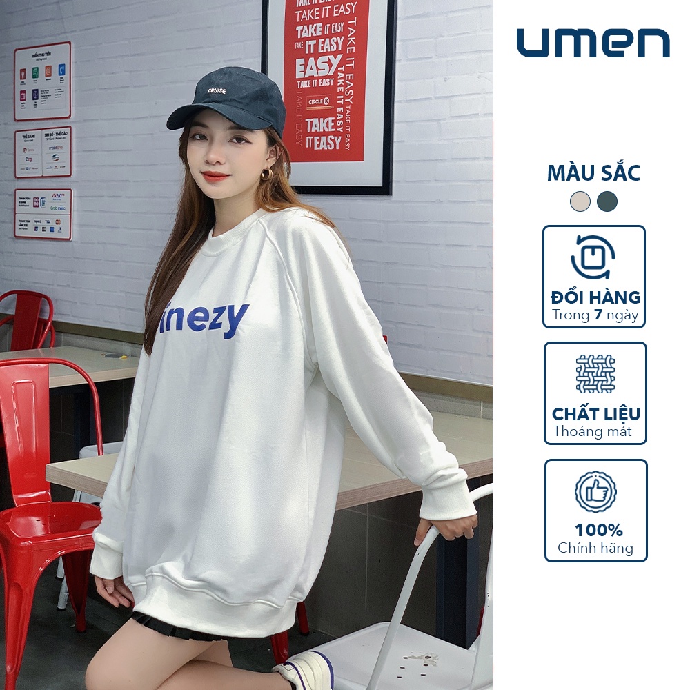 Áo sweater unisex in Finezy màu trắng form rộng, chất nỉ da cá cao cấp ấm áp UMEN