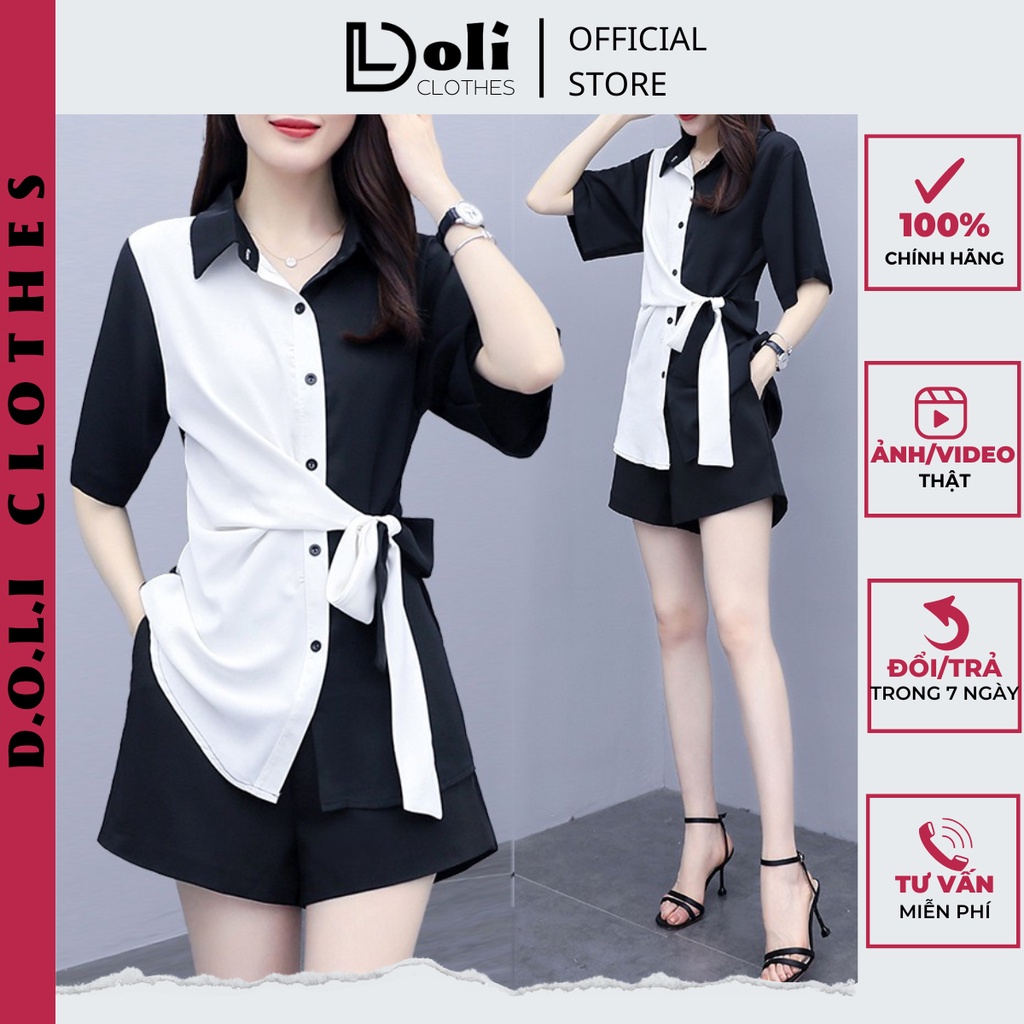 Bộ Jumpsuit Nữ Áo Phối Màu Quần Đùi, Chất Đũi Áo Sơ Mi Dây Eo Kèm Quần Sooc Ngắn B026 - DOLI Clothes