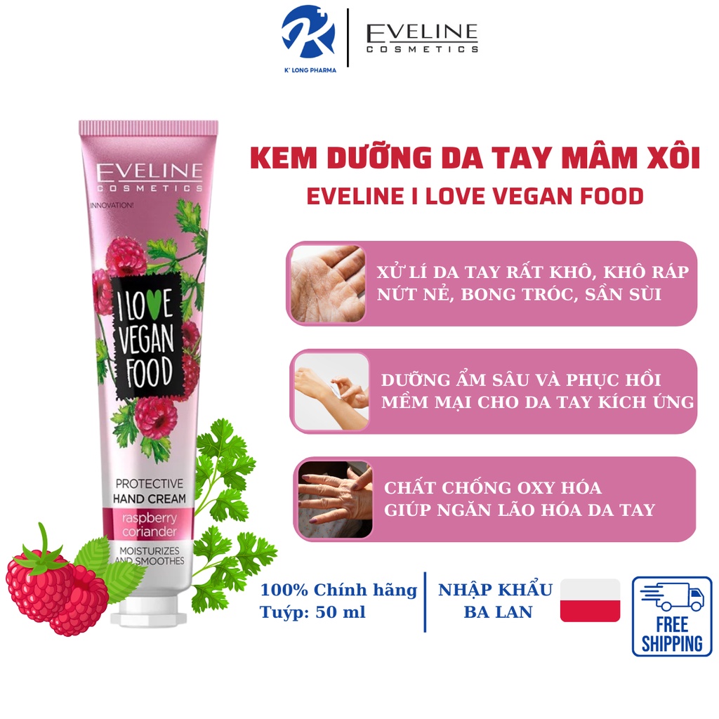 Kem Dưỡng Da Tay Chiết Xuất Mâm Xôi, Dưỡng Ẩm Làm Mềm Mịn Da, EVELINE COSMETICS I LOVE VEGAN FOOD - Tuýp 50ML