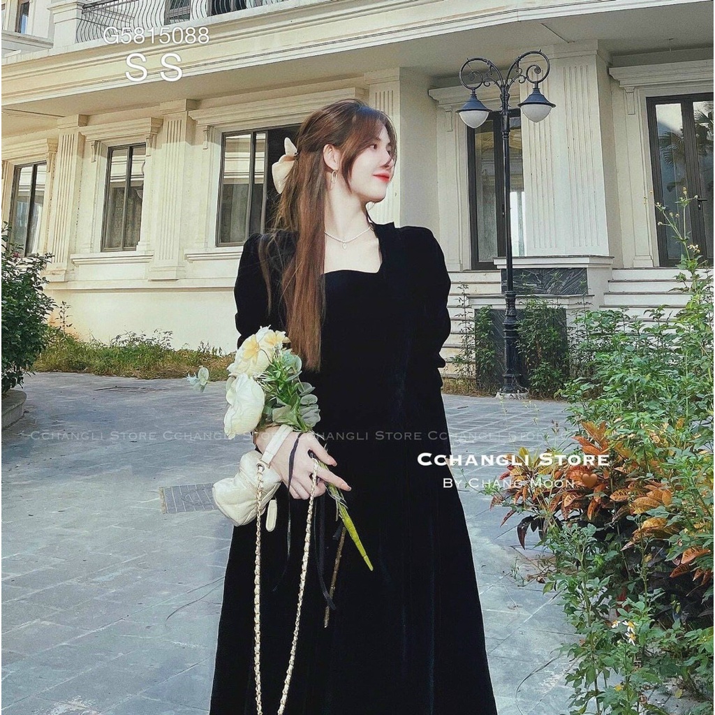 [12.12 Sales Freeship] Đầm nữ tiểu thư vintage dáng dài, đầm nhung cổ vuông tay dài ôm eo dáng xòe đi cưới sang chảnh