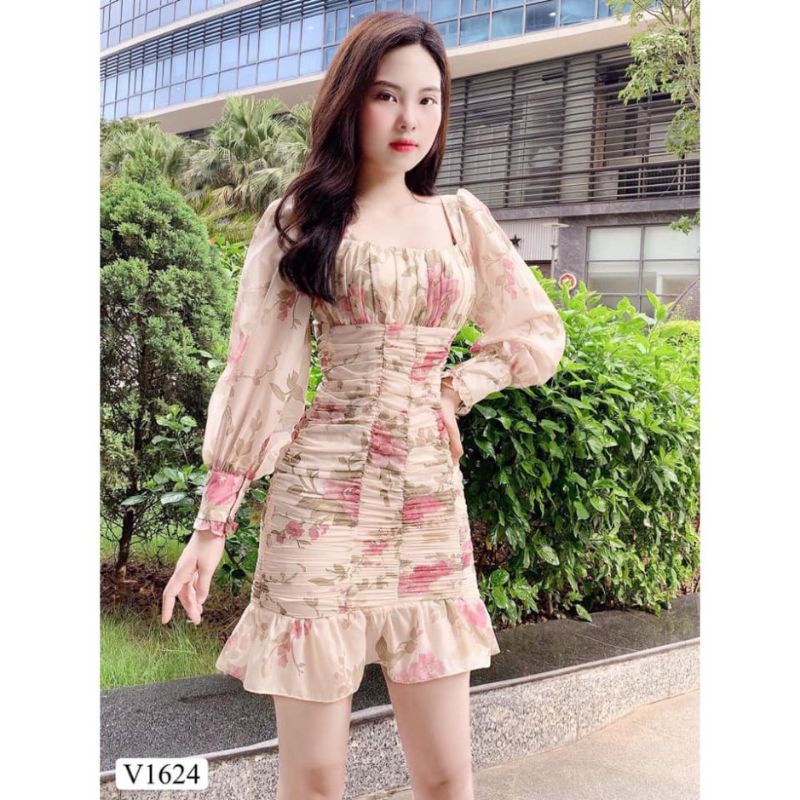 Đầm hoa nhún cổ vuông, Váy hoa nhún tay dài sành điệu, trẻ trung, sang chảnh, tay phồng làm từ lụa tơ Nhật cao cấp