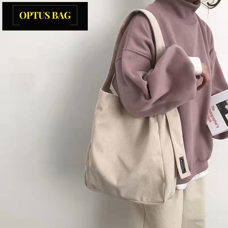Túi tote đeo chéo đeo vai vải nhung trơn 2 màu hồng kem để laptop đi học đi chơi - optusbag