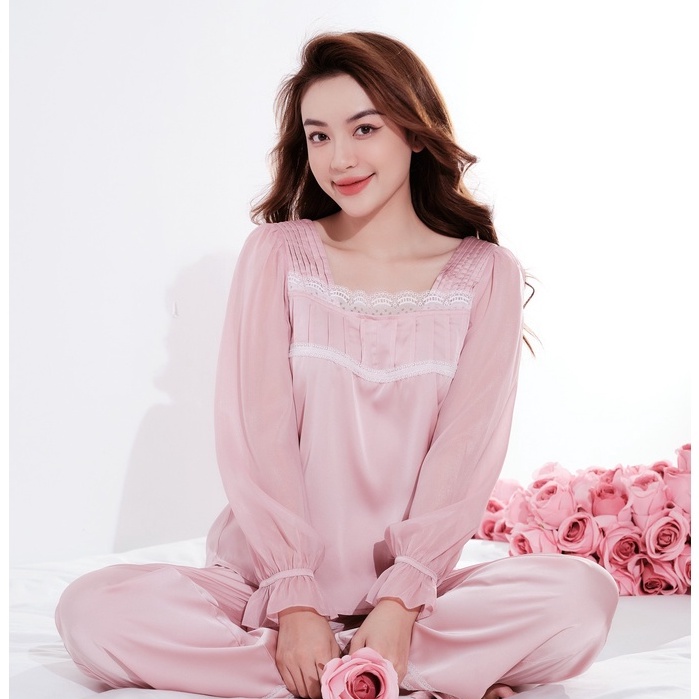 Bộ đồ ngủ nữ pyjama lụa dài tay cao cấp LYSILK - LBN0222- Áo dài tay nữ quần dài