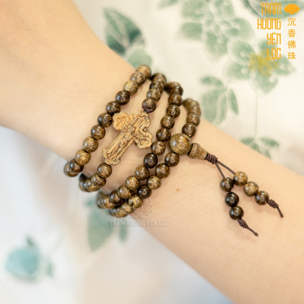 Vòng Tay Trầm Hương 108 Hạt Mix Thánh Giá Trầm Hương Yên Lộc THYL008 Trầm Hương Đủ Kích Thước Nam Nữ