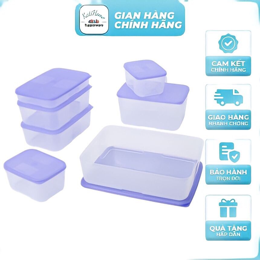 Bộ hộp trữ ngăn đông tủ lạnh nắp tím Tupperware Freezermate Essential Set 7 nhựa nguyên sinh thân trong