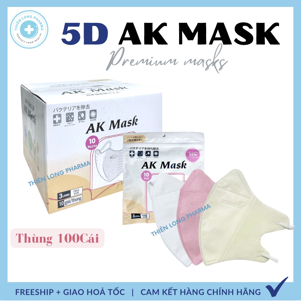 [ Thùng 100 Cái] Khẩu trang 5D AK Mask 3 lớp kháng khuẩn kiểu dáng thời trang hàng chính hãng
